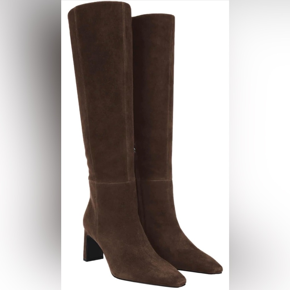Suede Knee-High Heeled Boots in Dark Brown